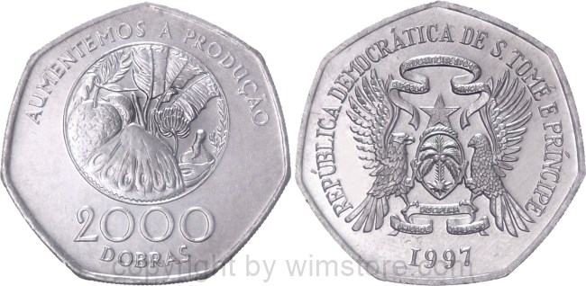 St. Thomas & Prince Is., 2000 Dobras 1997, FAO, KM 91, Chromstahl