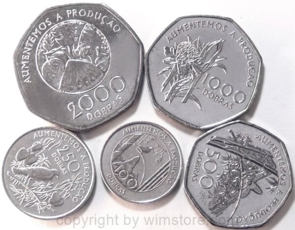 St. Thomas & Prince Is. Lot: 100, 250, 500, 1000 und 2000 Dobras 1997, FAO, Chromstahl