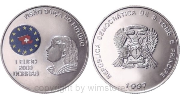 St. Thomas & Prince Is., 2000 Dobras / 1 Euro 1997, Schweizer Volksabstimmung über die Einführung des Euros, KM 95, Ku/Ni