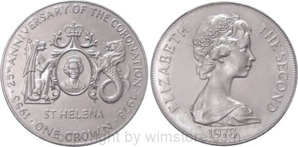 St. Helena, 25 Pence 1978, 25 Jahrestag der Krönung von Königin Elisabeth II., KM 7, Ku/Ni