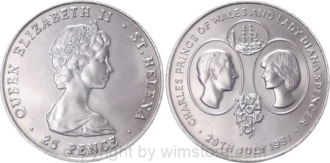 St. Helena, 25 Pence 1981, Hochzeit von Prinz Charles und Lady Diana Spencer, KM 9, Ku/Ni