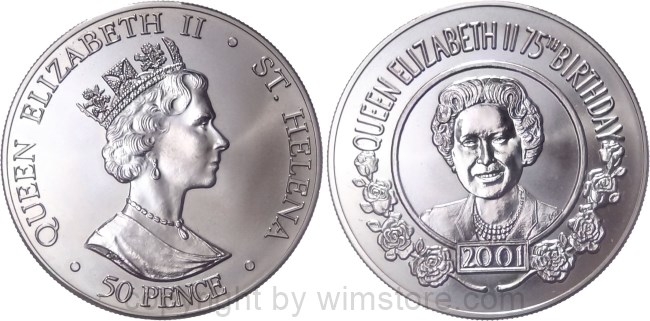 St. Helena, 50 Pence 2001, 75. Geburtstag der Königin Elisabeth II., KM 19, Ku/Ni