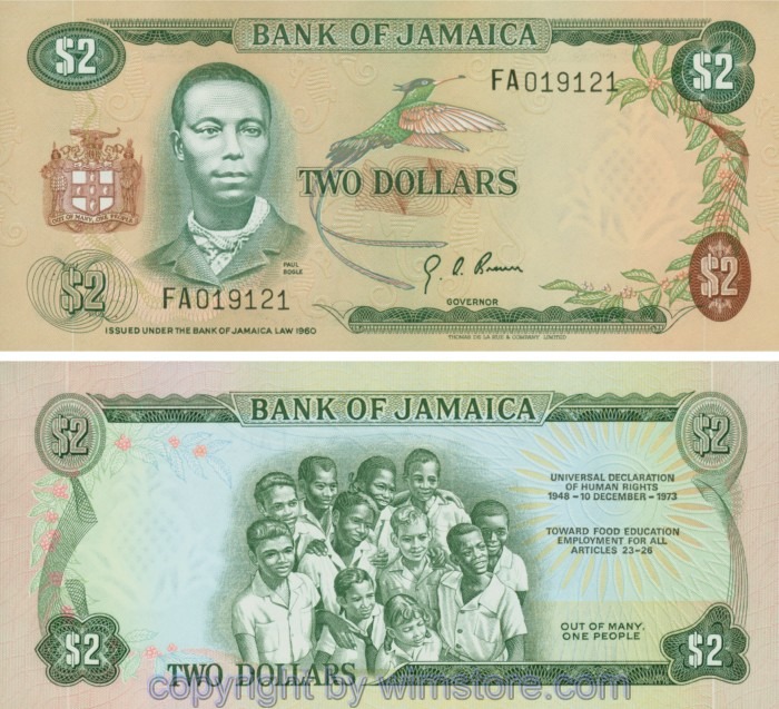Jamaica, P058, 2 Dollars 1973, Serie FA; 1