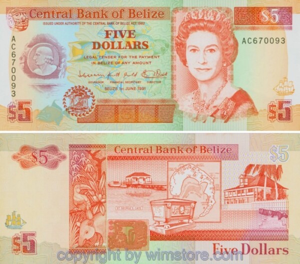 Belize, P053b, 5 Dollars 1991, Serie AC; 1