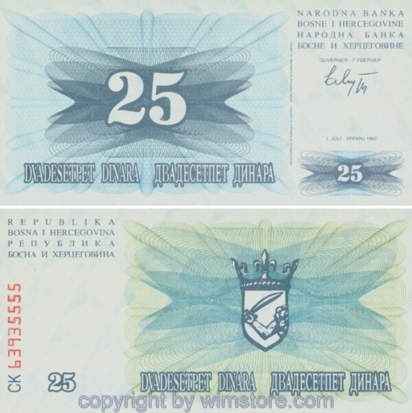 Bosnien Herzegowina, P011a, 25 Dinara 1992, Serie CK; 1