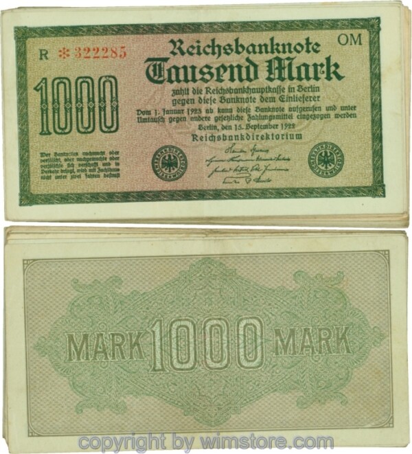 Deutschland, Inflation, R 075, 1000 Mark, 15.09.1922, Bündel zu 20 Stück, div. Serien, minder erhalten