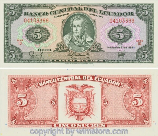 Ecuador, P113d, 5 Sucres 1988-11-22, Serie ID; 1