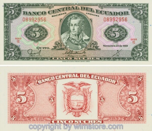 Ecuador, P113d, 5 Sucres 1988-11-22, Serie IE; 1