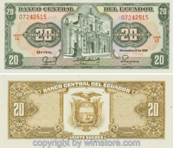 Ecuador, P121Aa, 20 Sucres 1988-11-22, Serie LQ; 1