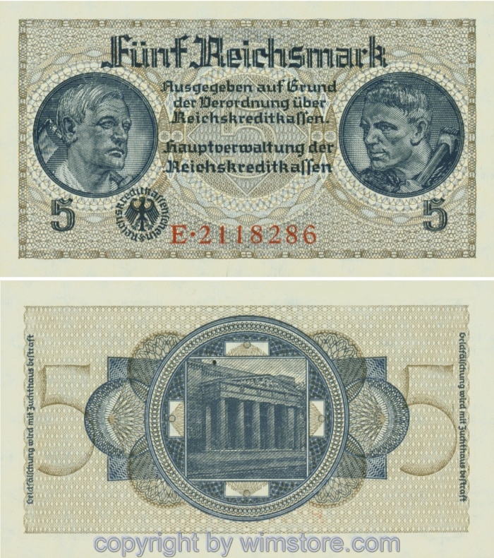 2. Weltkrieg, Reichskreditkasse, R553a, 5 Reichsmark, (1939)