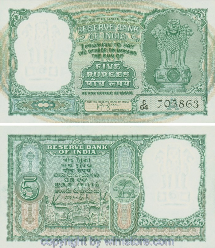 Indien, P035b, 5 Rupees (1957-1962), A, Serie C/64, Sign. 74; 1