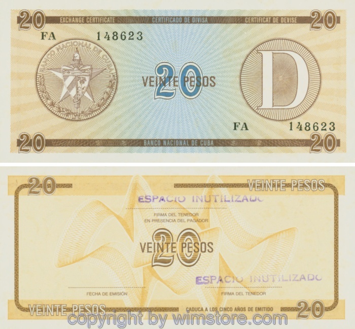 Kuba, PFX36, 20 Pesos, nicht datiert, (zwei blaue Stempel)