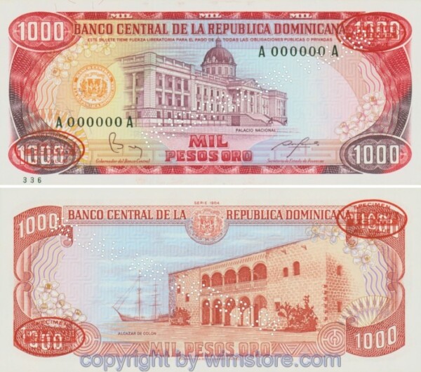 Dominikanische Republik, P124s2, 1000 Pesos Oro 1984, Serie A-A, Specimen; 1