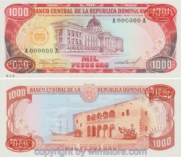 Dominikanische Republik, P124s2, 1000 Pesos Oro 1985, Serie A-A, Specimen; 1