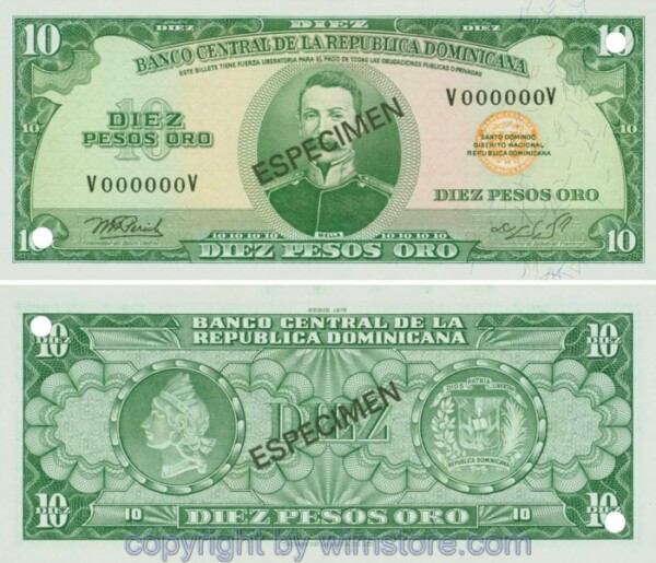 Dominikanische Republik, P110s, 10 Pesos Oro 1976, Serie V-V, Specimen; 1