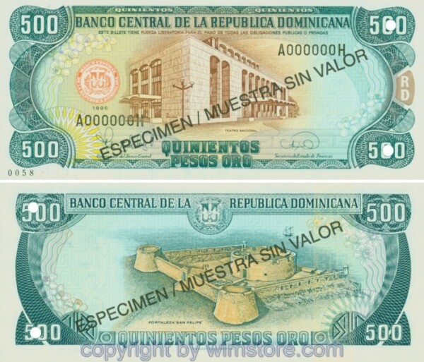 Dominikanische Republik, P158s1, 500 Pesos Oro 1996, Serie A-H, Specimen; 1