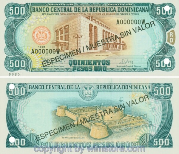 Dominikanische Republik, P158s3, 500 Pesos Oro 1998, Serie A-W, Specimen; 1
