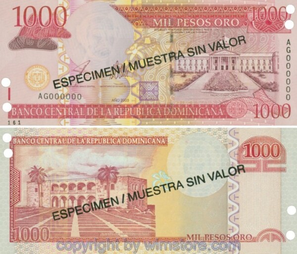 Dominikanische Republik, P173s2, 1000 Pesos Oro 2003, Serie AG, Specimen; 1