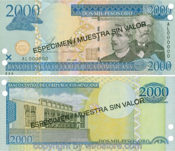 Dominikanische Republik, P174s2, 2000 Pesos Oro 2003, Serie AL, Specimen; 1
