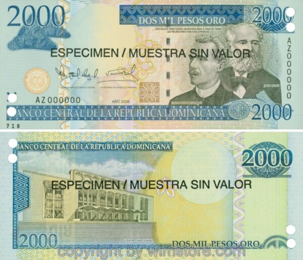 Dominikanische Republik, P181s1, 2000 Pesos Oro 2006, Serie AZ, Specimen; 1