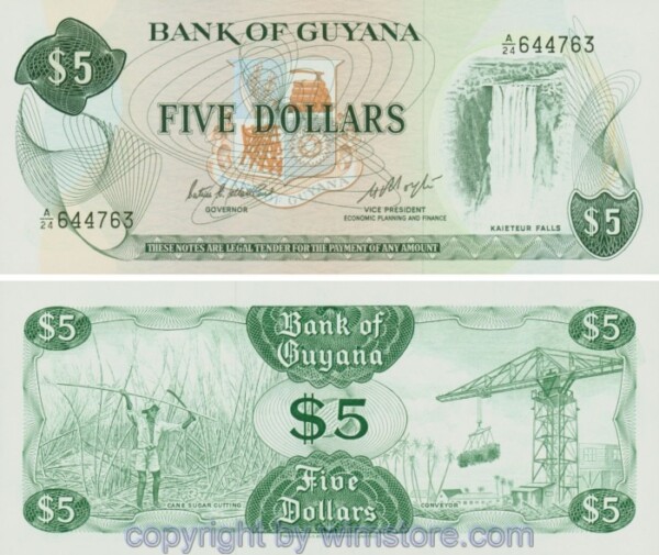Guyana, P022d, 5 Dollars (1983); Serie A/24, Sign. 6; 1