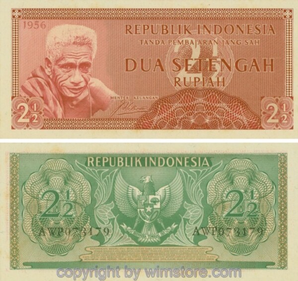 Indonesien, P075, 2 1/2 Rupiah 1956, Serie AWP; 1-, Stockflecke