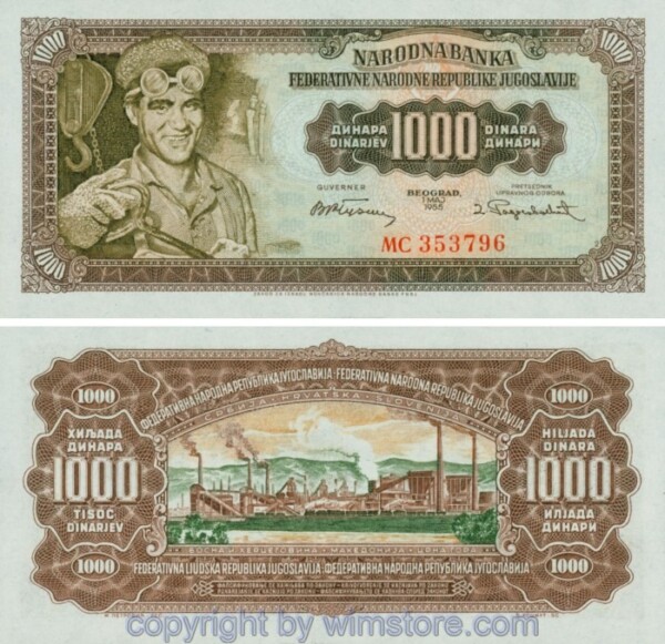 Jugoslawien, P071b, 1000 Dinara 1.5.1955