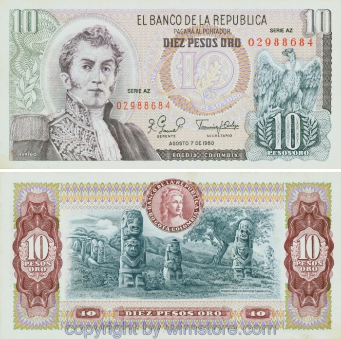 Kolumbien, P407h, 10 Peso Oro 1980