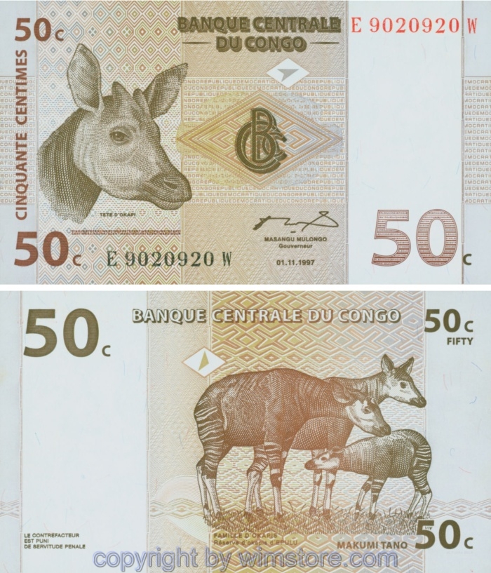 Demokratische Republik Kongo, P084A, 50 Centimes 1997