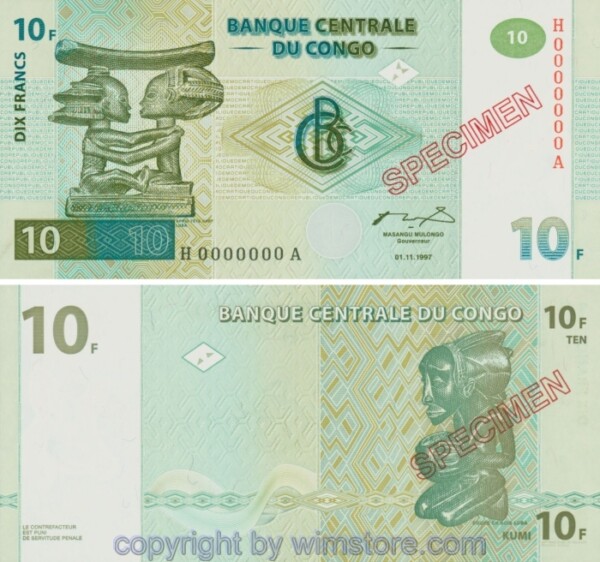 Demokratische Republik Kongo, P087s, 10 Francs 1997, Specimen