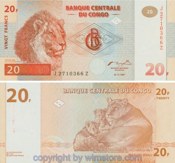 Demokratische Republik Kongo, P088a, 20 Francs 1997