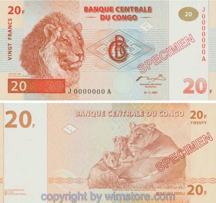Demokratische Republik Kongo, P088s, 20 Francs 1997, Specimen
