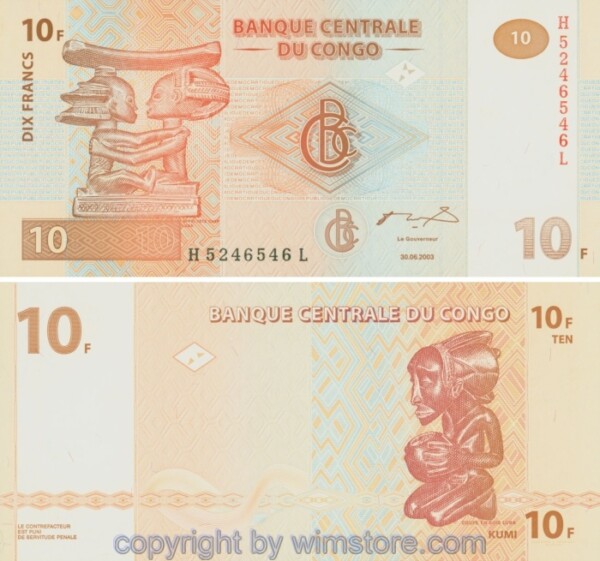 Demokratische Republik Kongo, P093a, 10 Francs 2003, Giesecke & Devrient, München