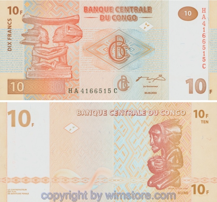 Demokratische Republik Kongo, P093A, 10 Francs 2003, Hôtel des Monnaies, Kinshasa