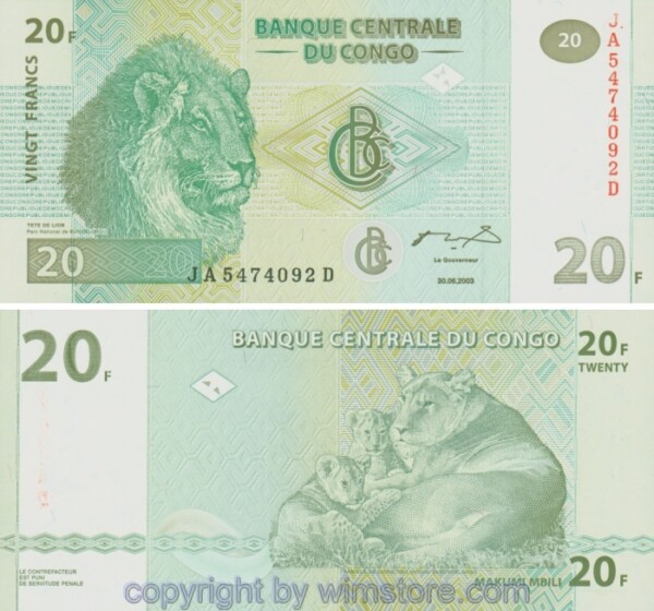 Demokratische Republik Kongo, P094a, 20 Francs 2003, Hôtel des Monnaies, Kinshasa