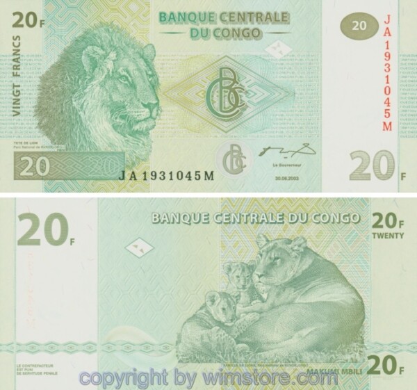 Demokratische Republik Kongo, P094A, 20 Francs 2003, Giesecke & Devrient, München