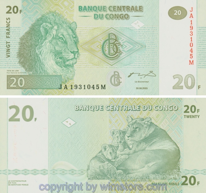 Demokratische Republik Kongo, P094A, 20 Francs 2003, Giesecke & Devrient, München