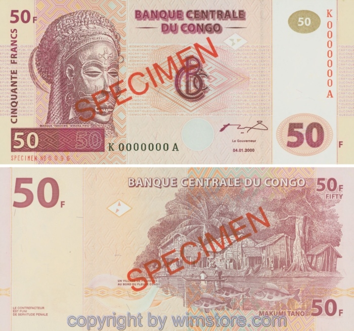 Demokratische Republik Kongo, P091s, 50 Francs 2000, Specimen