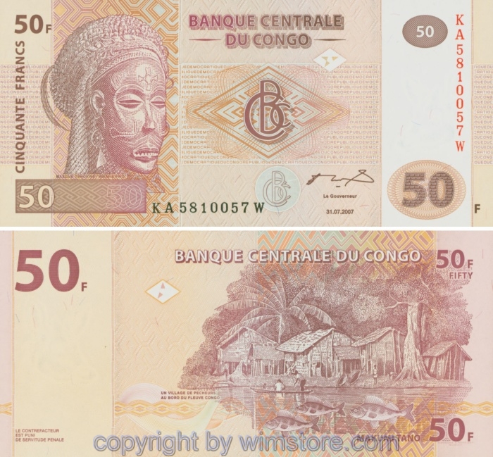 Demokratische Republik Kongo, P097a, 50 Francs 2007, Giesecke & Devrient, München