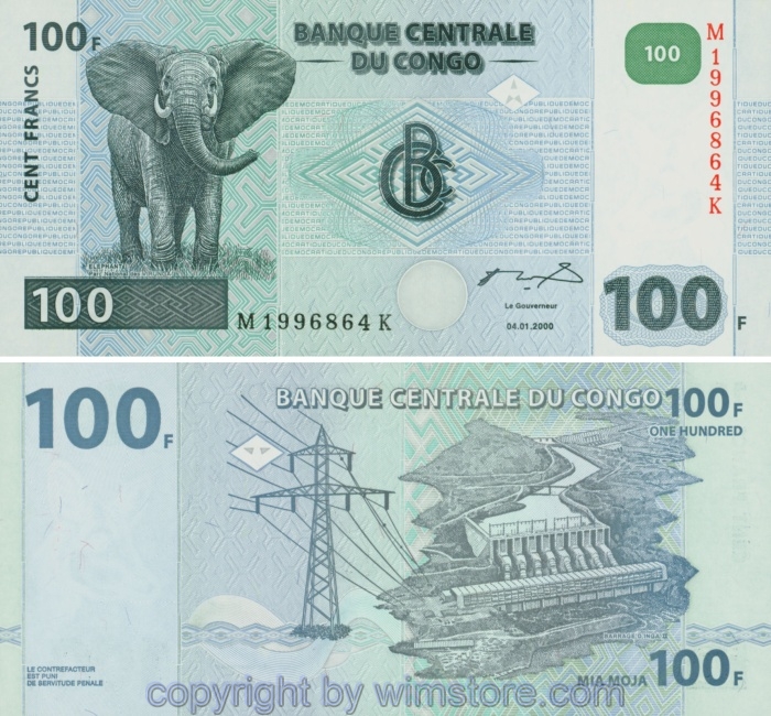 Demokratische Republik Kongo, P092a, 100 Francs 2000, Giesecke & Devrient, München