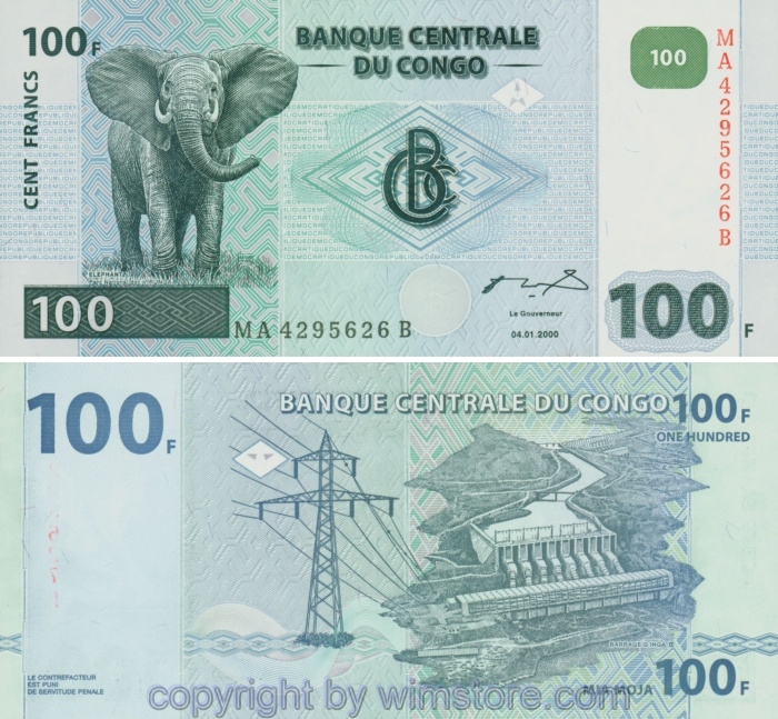 Demokratische Republik Kongo, P092A, 100 Francs 2000, Hôtel des Monnaies, Kinshasa