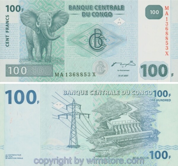 Demokratische Republik Kongo, P098a, 100 Francs 2007, Hôtel des Monnaies, Kinshasa