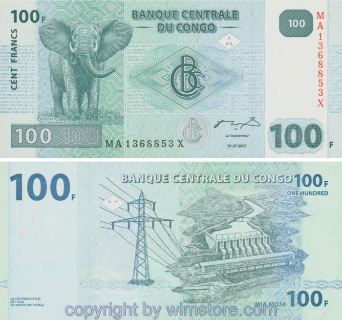 Demokratische Republik Kongo, P098a, 100 Francs 2007, Hôtel des Monnaies, Kinshasa