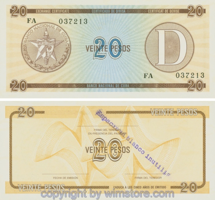 Kuba, PFX36, 20 Pesos, nicht datiert, (ein blauer Stempel)