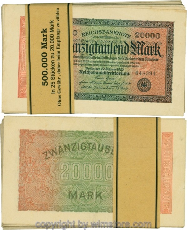 Deutschland, Inflation, R 084, 20000 Mark, 20.02.1923, Bündel zu 25 Stück, div. Serien, minder erhalten