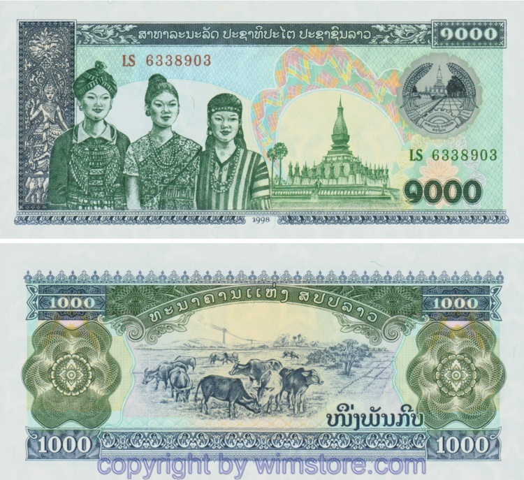 Laos, P032Aa, (und P032Ar1 Ersatznote), 1000 Kip 1998