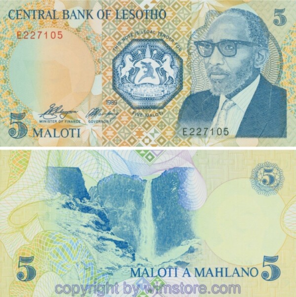 sg22310 Lesotho, P10a, 5 Maloti 1989
