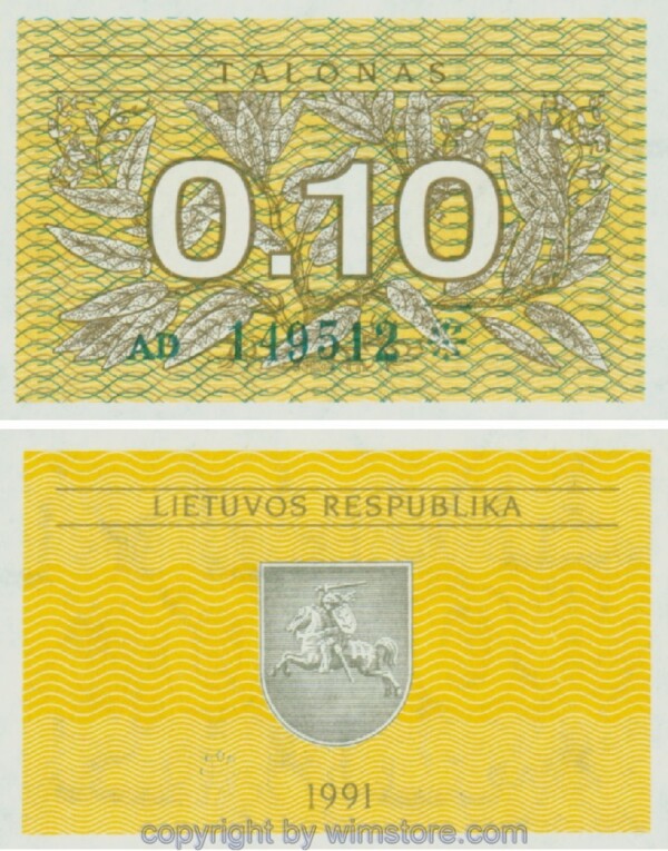 Litauen, P29a, 0,10 Talonas 1991 (viele Stücke dezentriert)