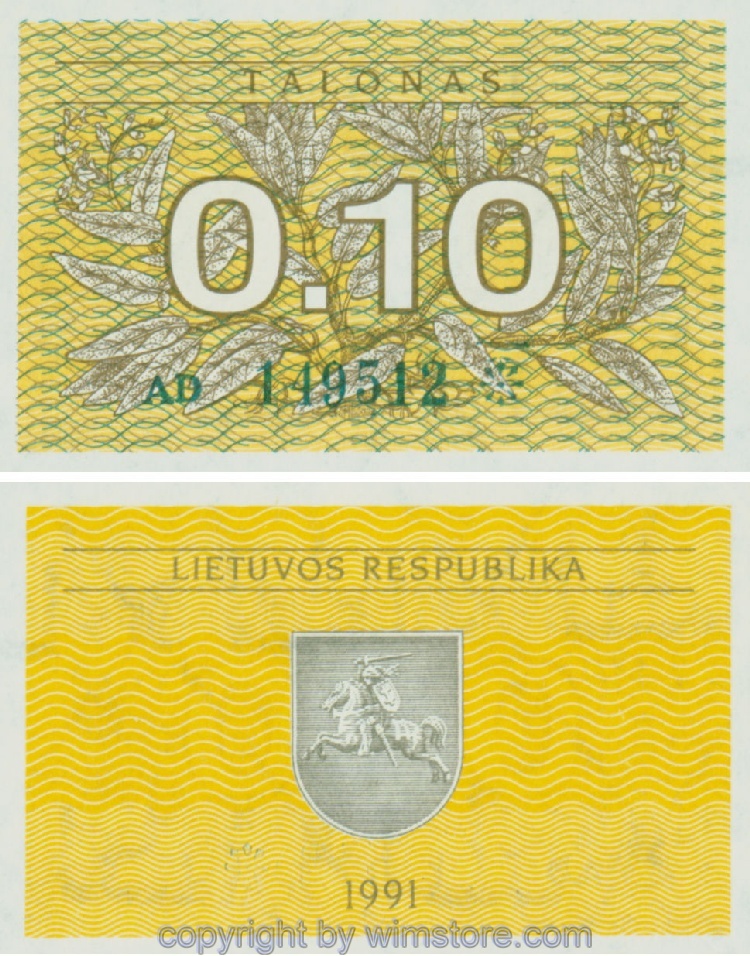 Litauen, P29a, 0,10 Talonas 1991 (viele Stücke dezentriert)