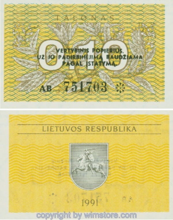 Litauen, P29b, 0,10 Talonas 1991 (viele Stücke dezentriert)